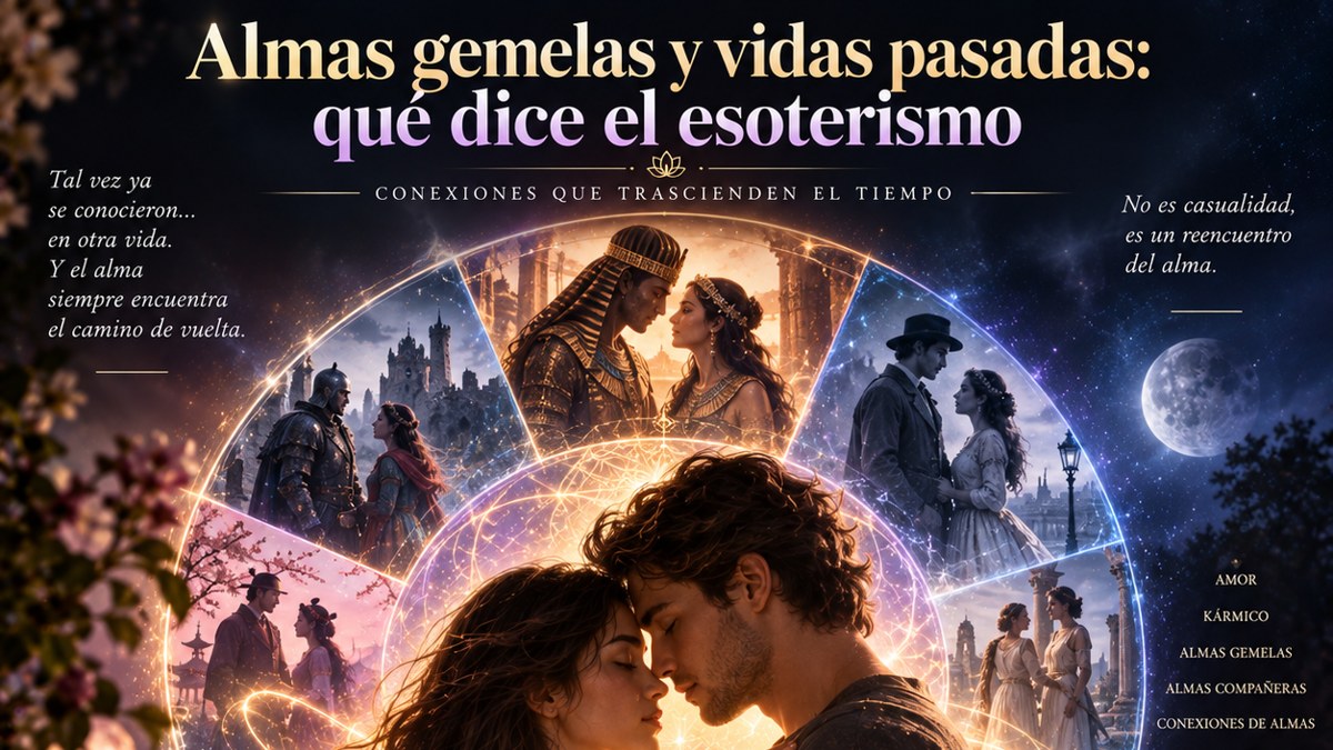 Almas gemelas y vidas pasadas: pareja abrazada rodeada de escenas de distintas épocas históricas