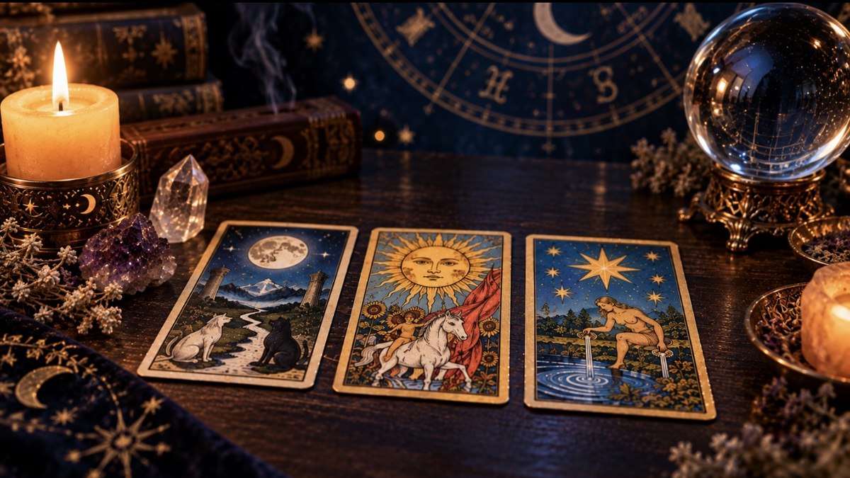 Tres cartas del tarot clásico Rider-Waite sobre una mesa con vela, cristal y esfera de cristal