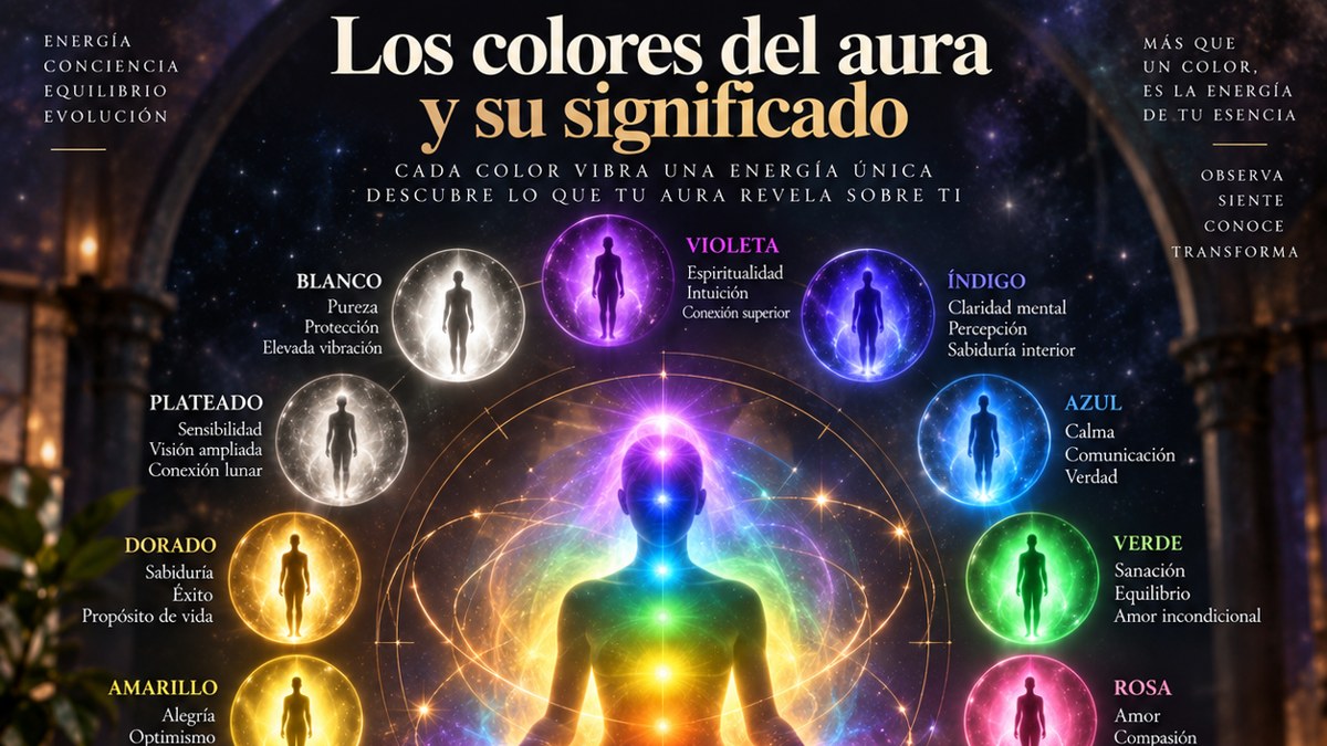 Los colores del aura y su significado: figura en meditación rodeada de los 12 colores del aura