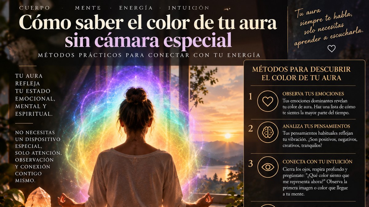 Cómo saber el color de tu aura sin cámara especial: persona meditando rodeada de un aura multicolor