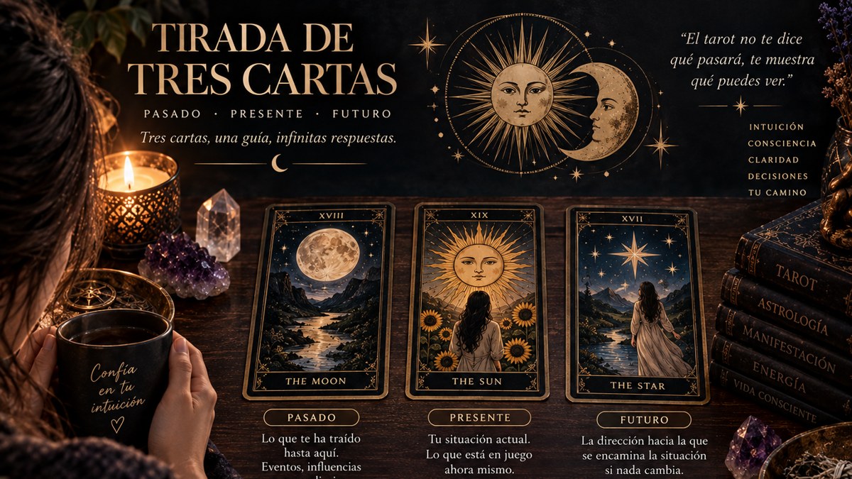 Infografía de tirada de tarot de tres cartas: pasado, presente y futuro, con La Luna, El Sol y La Estrella
