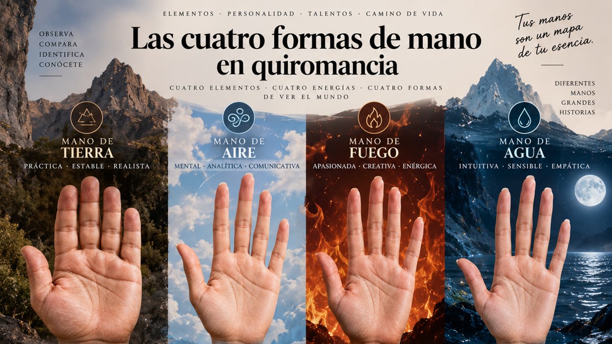 Las cuatro formas de mano en quiromancia: mano de tierra, aire, fuego y agua
