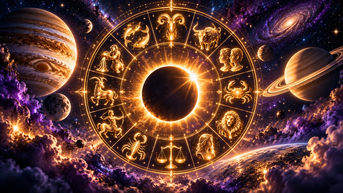 Rueda del zodiaco con los 12 signos y el año 2027 en el centro