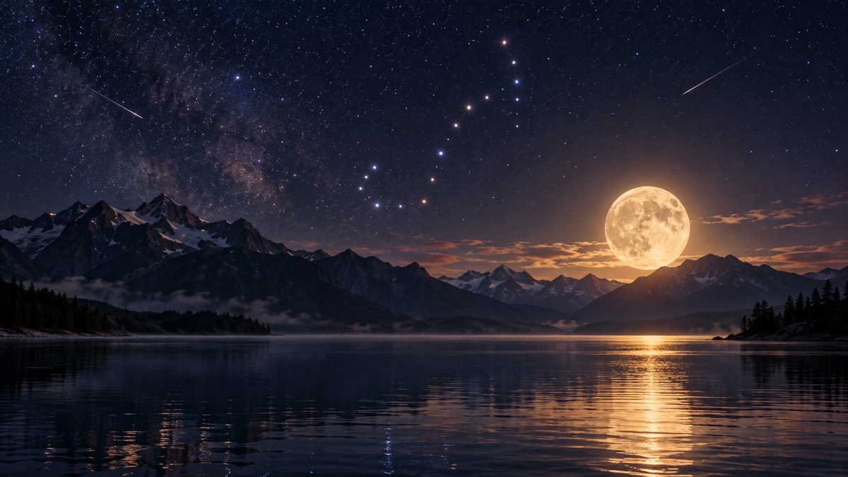 Constelación dorada de Escorpio bajo una gran luna llena y una rueda zodiacal