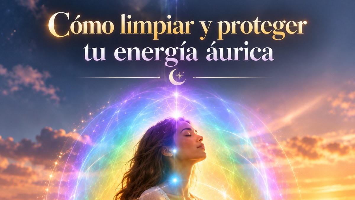 Cómo limpiar y proteger tu energía áurica: mujer meditando rodeada de un aura multicolor