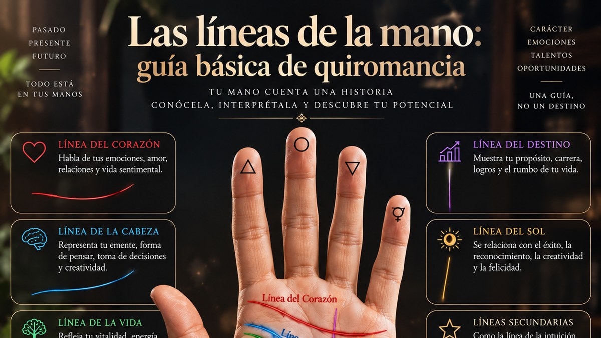 Las líneas de la mano: guía básica de quiromancia con línea del corazón, cabeza, vida, destino y sol
