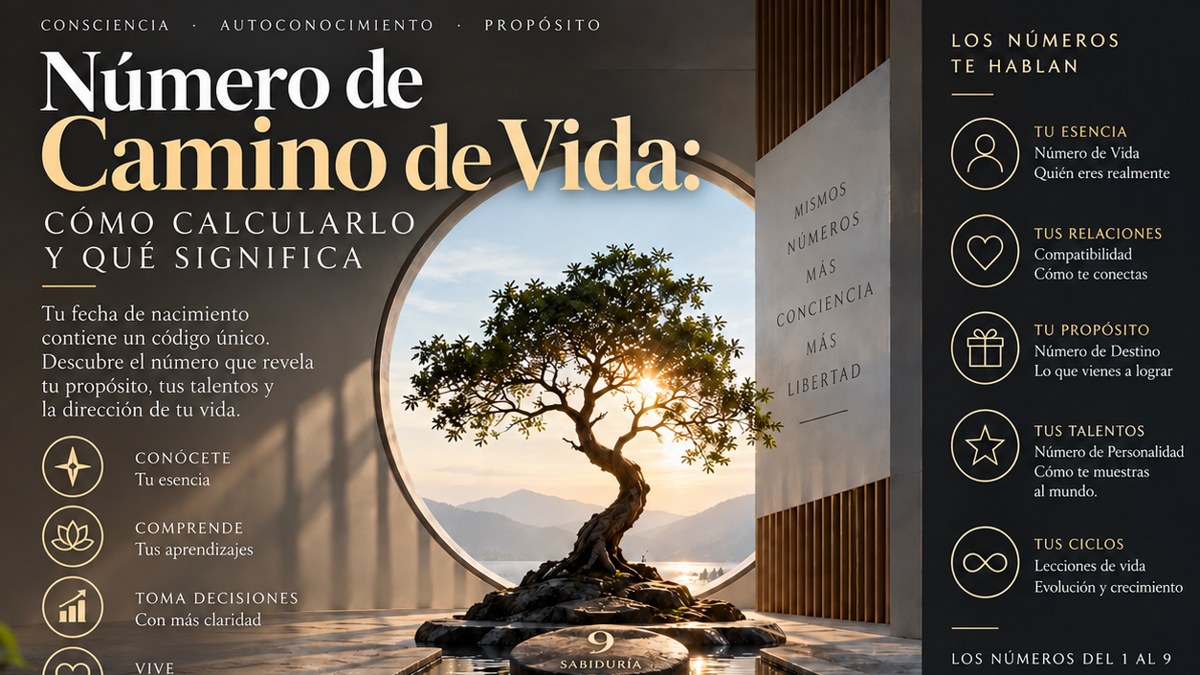 Número de camino de vida: sendero de piedras numeradas hacia un árbol al atardecer