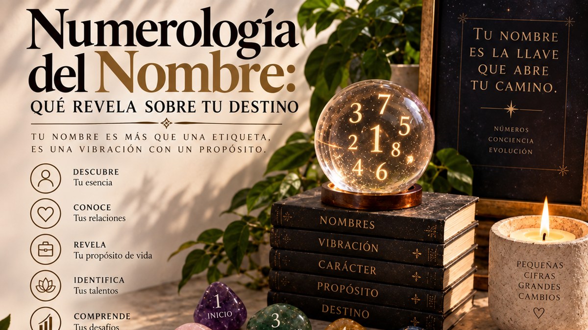 Numerología del nombre: esfera de cristal con números y piedras numerológicas del 1 al 9