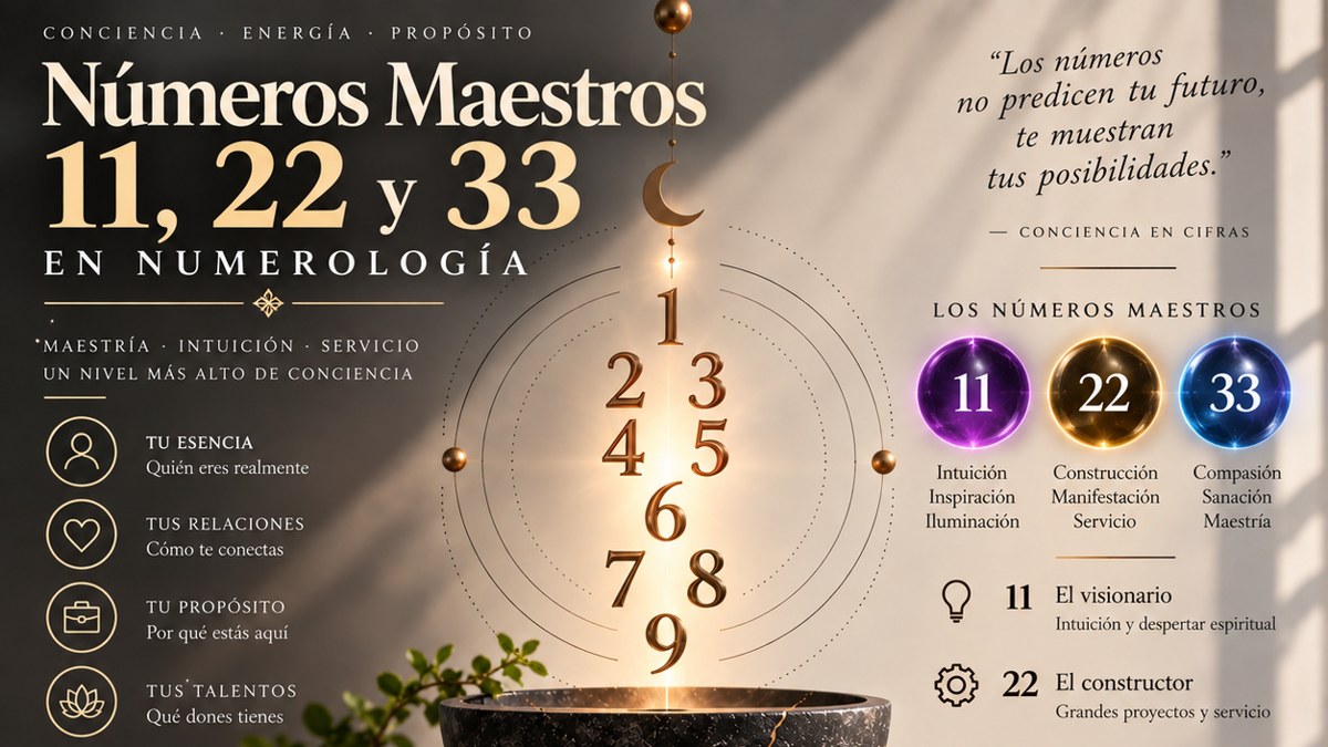 Números maestros 11, 22 y 33 en numerología con esferas de luz y números descendiendo