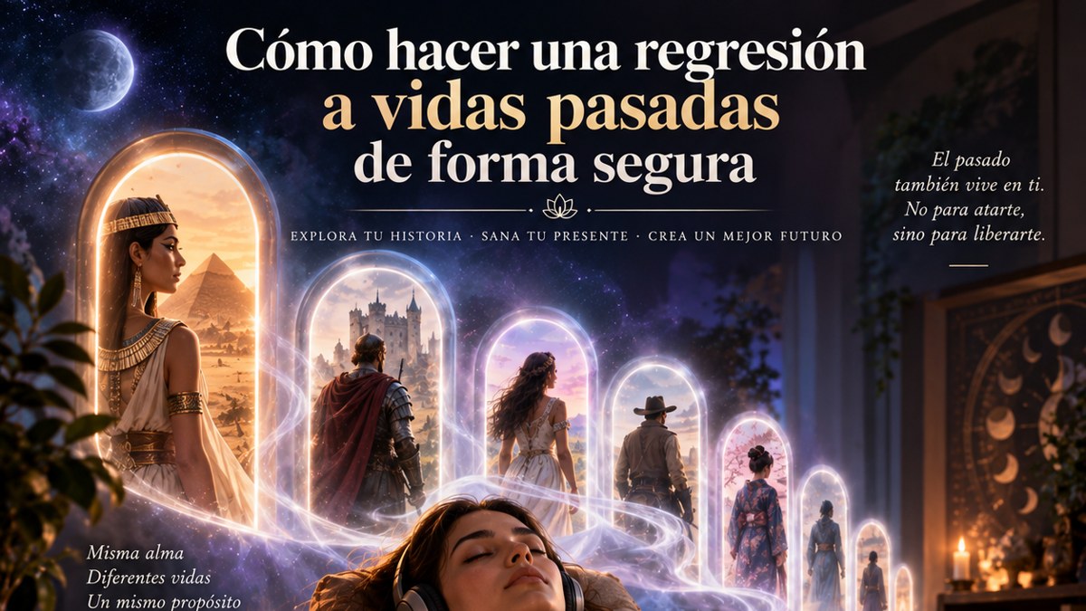 Cómo hacer una regresión a vidas pasadas de forma segura: mujer relajada frente a portales hacia distintas épocas