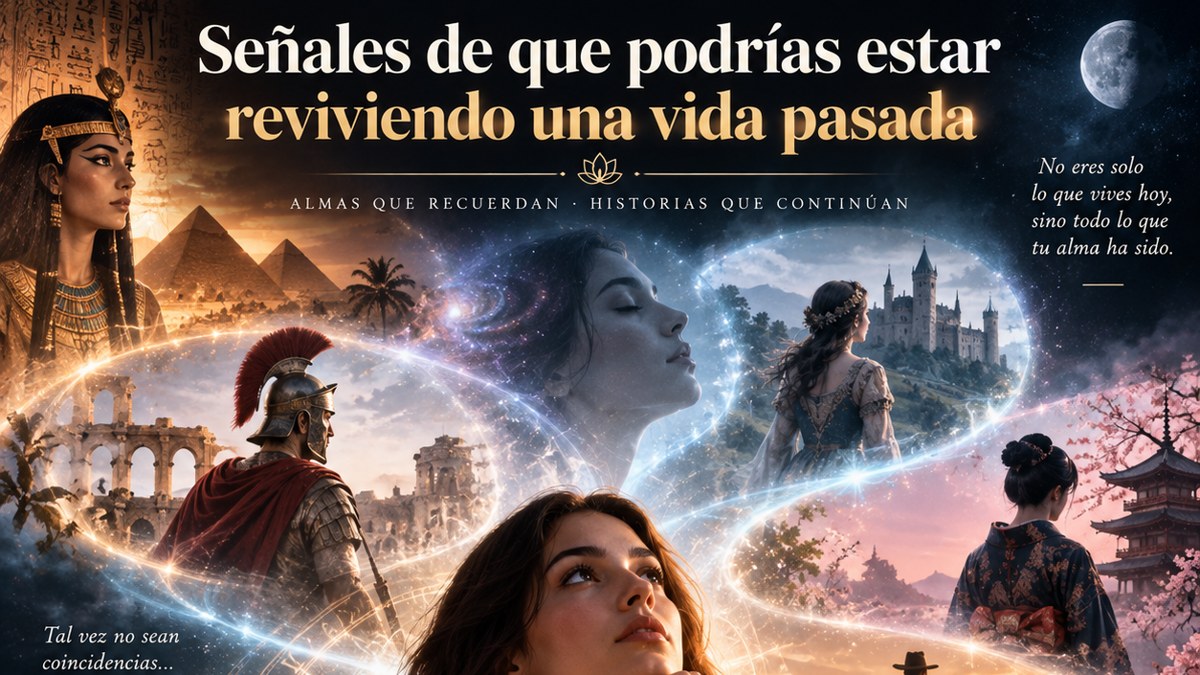Señales de que podrías estar reviviendo una vida pasada: mujer rodeada de escenas de distintas épocas históricas