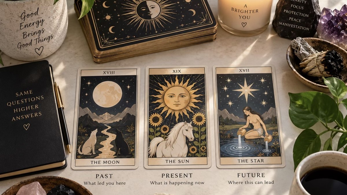 Tirada de tarot Pasado, Presente y Futuro con las cartas La Luna, El Sol y La Estrella