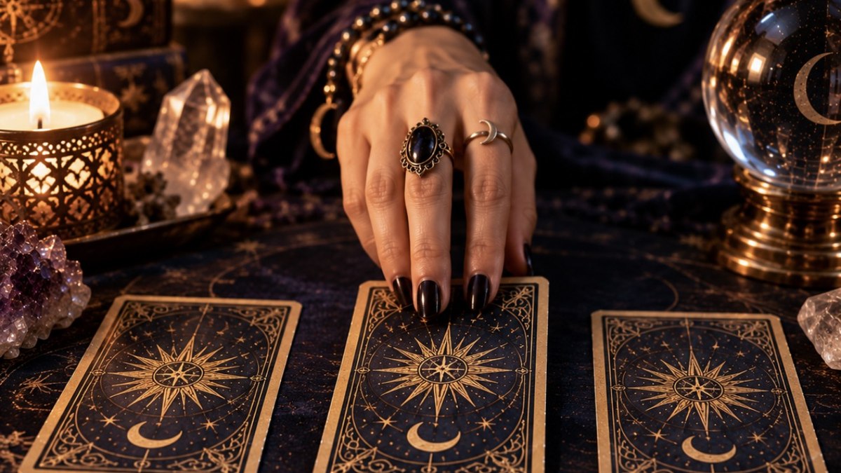 Mano colocando una tirada de tres cartas de tarot sobre una mesa esotérica